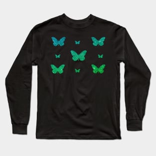 Green Ombre Faux Glitter Butterflies Long Sleeve T-Shirt